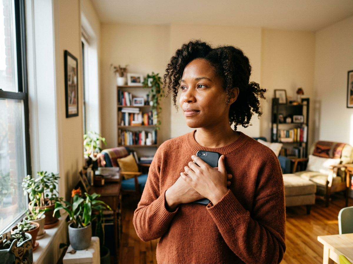Une membre de la diaspora, son téléphone tenu contre son cœur, chez elle.